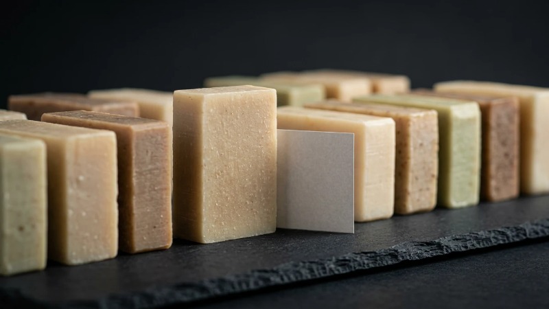 Handmade soap bars on dark slate with blank label mockup