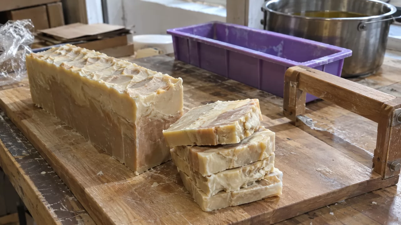 Frisch geschnittene Cold-Process-Seife auf einem Holzbrett in der Werkstatt