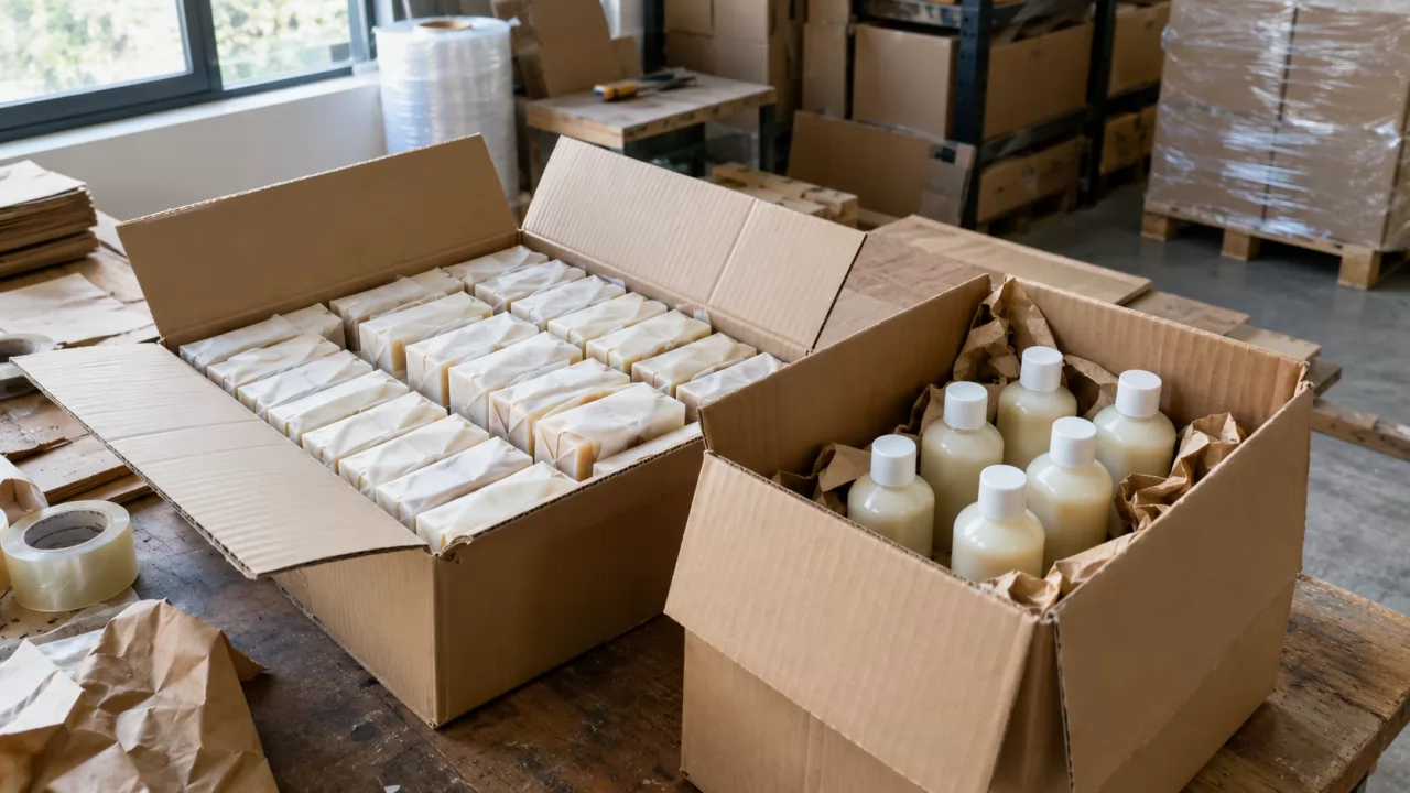 product-1280-720 Deux cartons d'expédition, l'un de savons solides, l'autre de flacons de gel douche