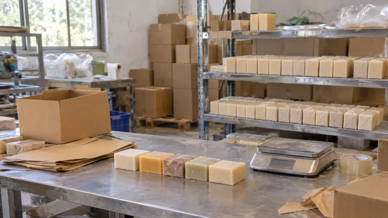 Verpackungsbereich mit Musterseifen, Kartons und Waage in einer kleinen Seifenmanufaktur
